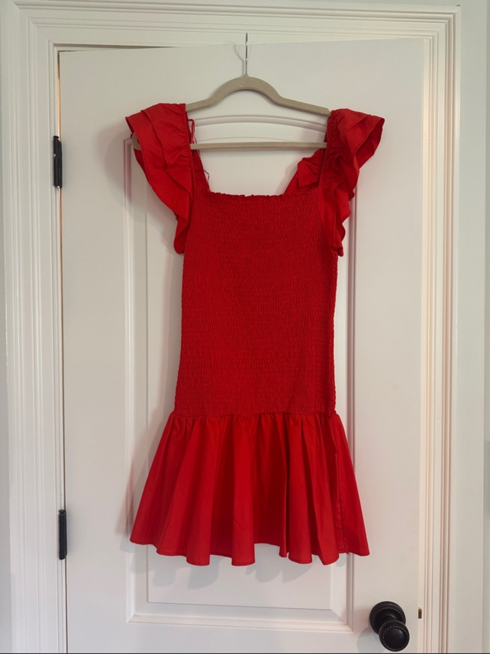 Red Ruffle Sleeve shirred Mini Dress - Picture 3 of 4